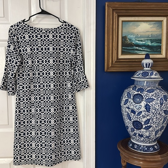 NWOT Women’s Jude Connally Navy & White Nylon & Spandex Lattice Print Dress - Picture 7 of 7